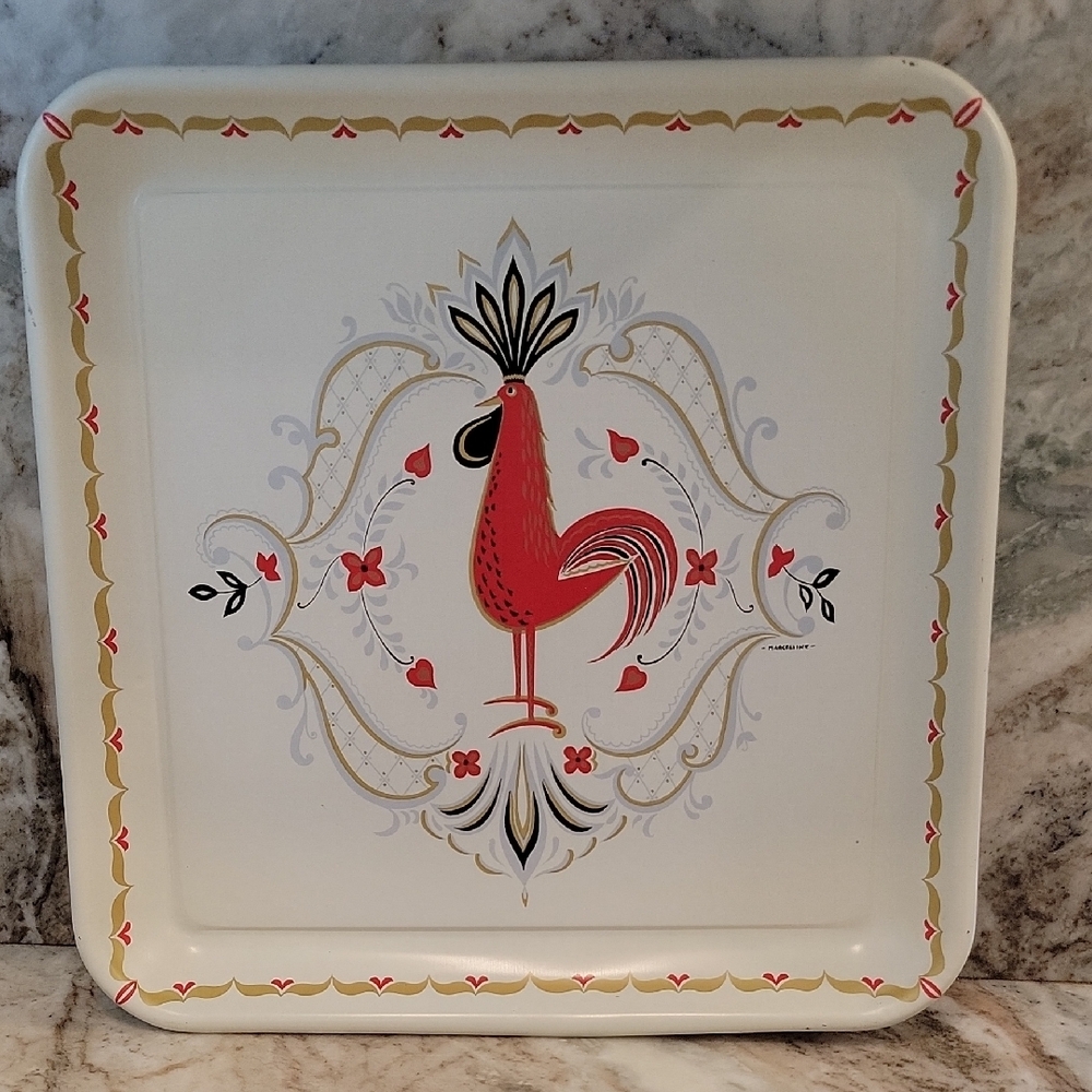 Vintage MCM Marcelline Folk Metal Rooster Painted Tray